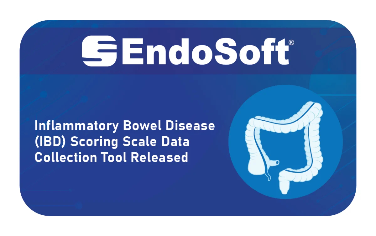 Thumbnail image showing the title of the press release, 'Inflammatory Bowel Disease (IBD) Scoring Scale Data Collection Tool Released'. To its right is an icon of a large intestine, with the EndoSoft® logo above both elements.