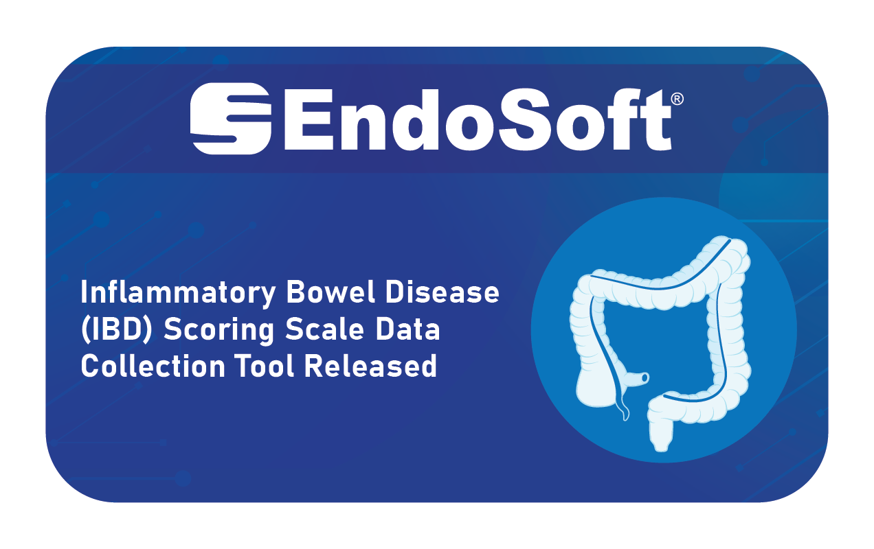 Thumbnail image showing the title of the press release, 'Inflammatory Bowel Disease (IBD) Scoring Scale Data Collection Tool Released'. To its right is an icon of a large intestine, with the EndoSoft® logo above both elements.