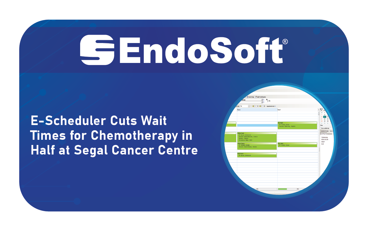 Thumbnail image showing title of the press release 'E-Scheduler Cuts Wait Times...' above the EndoSoft logo & alongside a framed image of EndoVault® Scheduler.