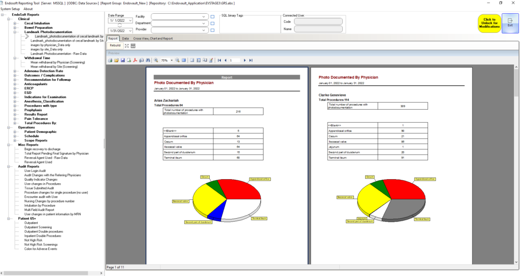 A screenshot of the EndoSoft Reporting Tool.