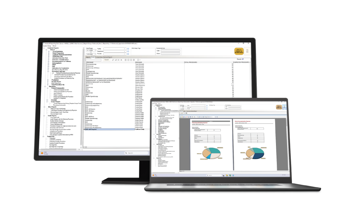 two computer screens showing organized data within the GRS reporting took by EndoSoft
