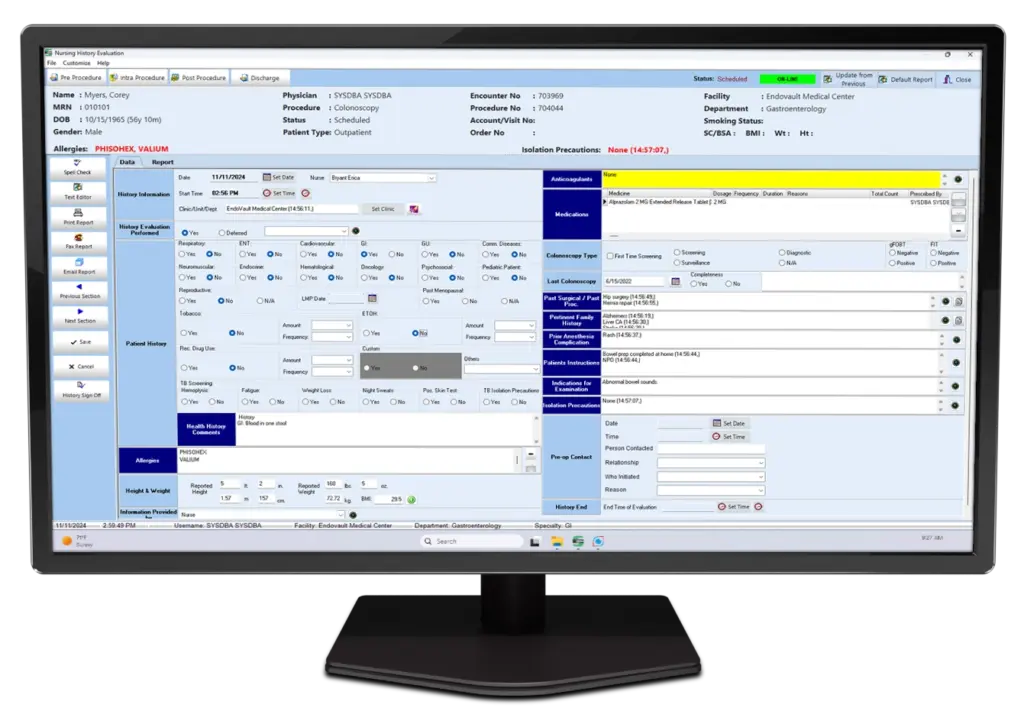 computer screen showing endovault electronic nursing record screen