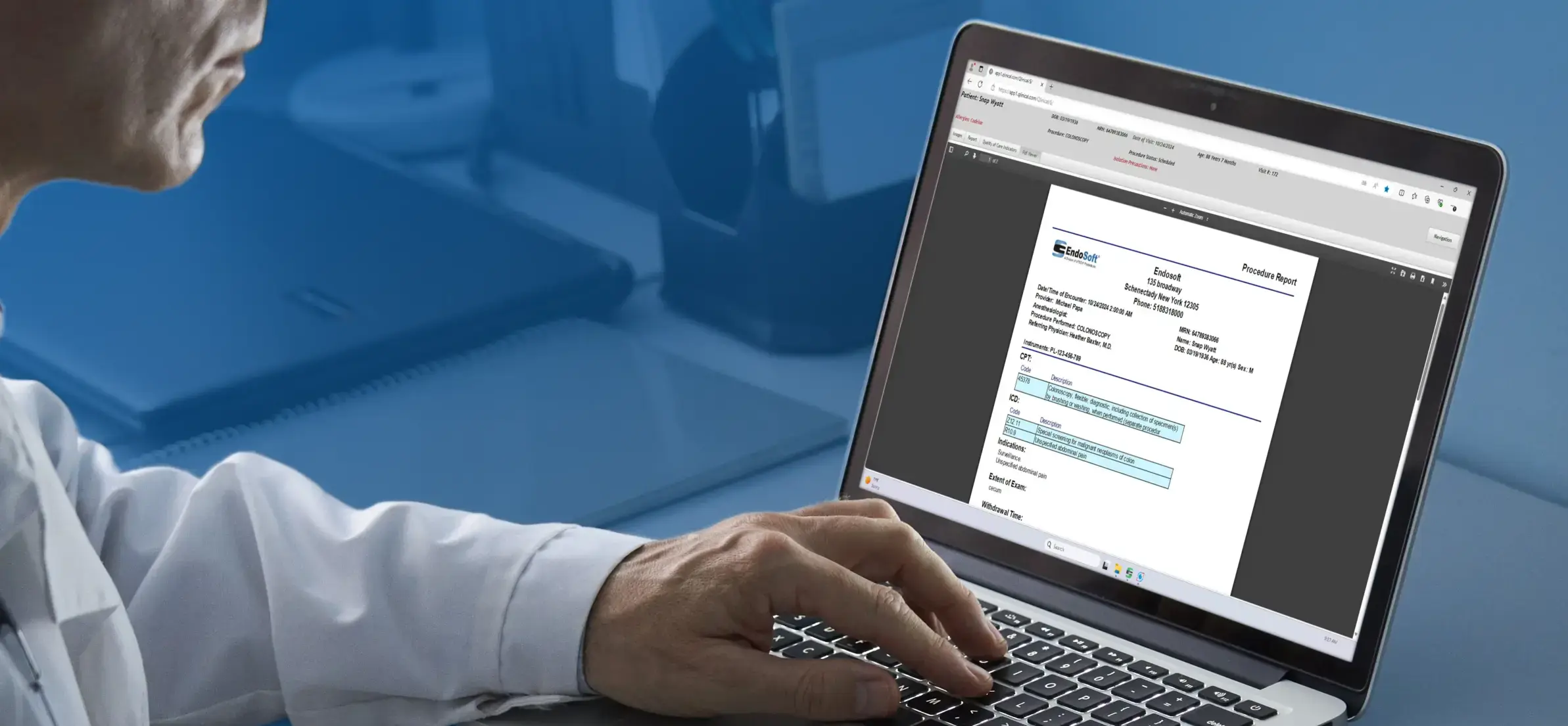 Man looking at a laptop with qlinical software showing a procedure report screen