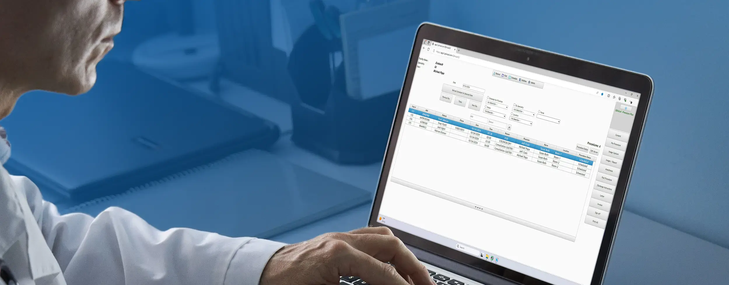 Man looking at a laptop screen showing the Qlinical application scheduler screen.