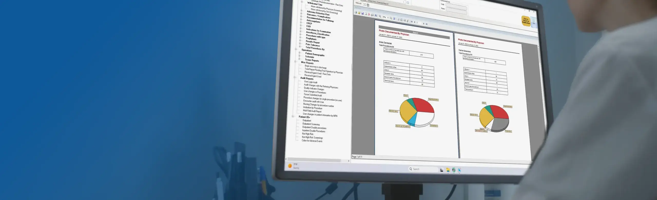 Woman looking at a screen that shows EndoVault quality metrics screen with charts and data