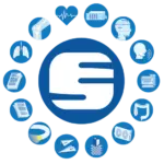 Various medical and procedure and gastroenterology related icons on blue backgrounds with the EndoSoft ES logo mark in the center