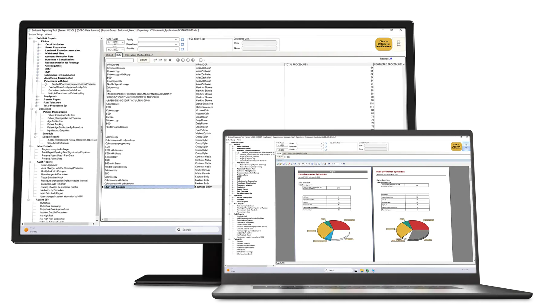 two computer screens showing organized data within the GRS reporting took by EndoSoft