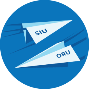 Icon of paper airplanes with motion lines crossing paths with SIU and ORU on the wings