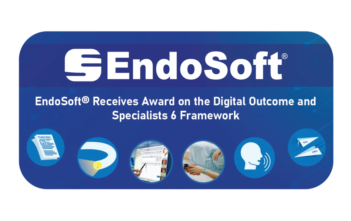A graphic featuring a rounded square with the EndoSoft logo, the title of the case study, "EndoSoft® Receives Award on the Digital Outcome and Specialists 6 Framework", and a series of icons relating to EndoSoft offerings.
