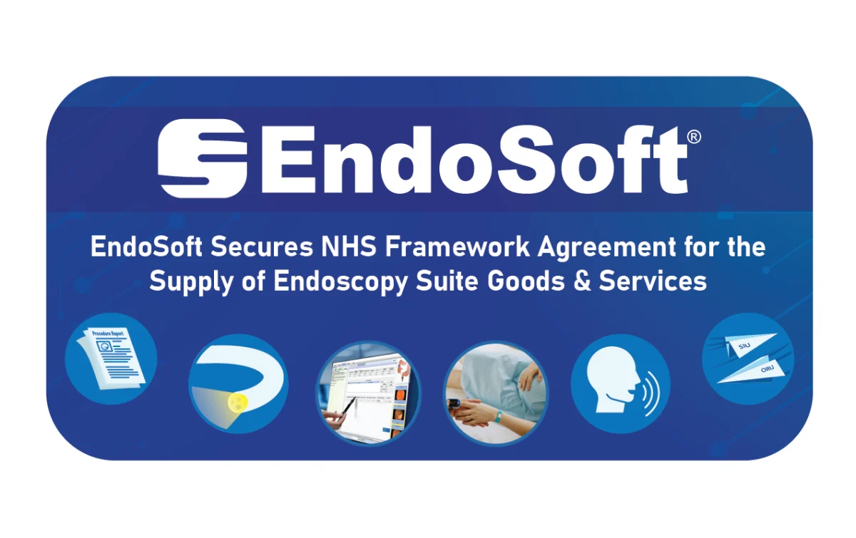 A graphic featuring a rounded square with the EndoSoft logo, the title of the case study, "EndoSoft Secures NHS Framework Agreement for the Supply of Endoscopy Suite Goods & Services", and a series of icons relating to EndoSoft offerings.
