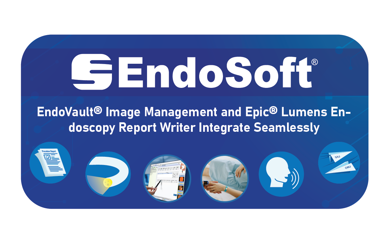 A graphic featuring a rounded square with the EndoSoft logo, the title of the case study, "EndoVault® Image Management and Epic® Lumens Endoscopy Report Writer Integrate Seamlessly", and a series of icons relating to EndoSoft offerings.