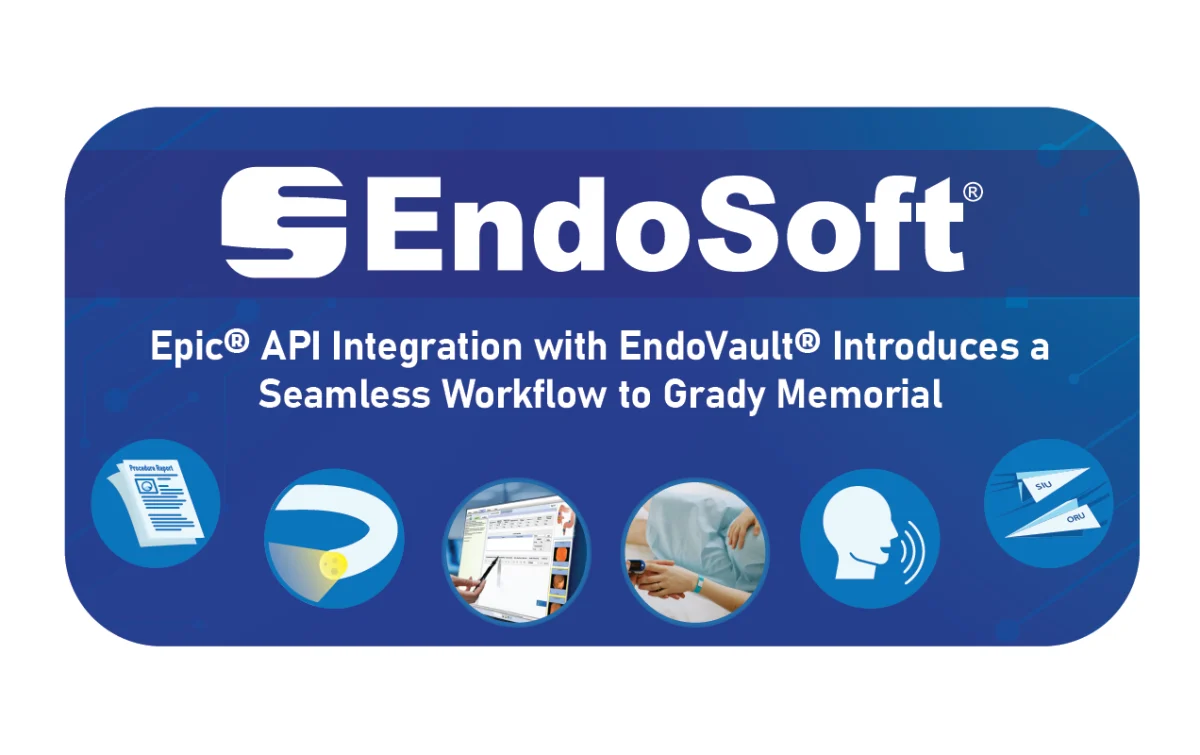 A graphic featuring a rounded square with the EndoSoft logo, the title of the case study, "Epic® API Integration with EndoVault® Introduces a Seamless Workflow to Grady Memorial", and a series of icons relating to EndoSoft offerings.