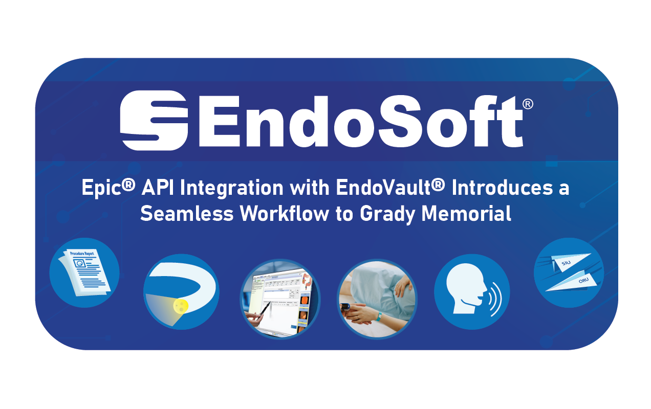 A graphic featuring a rounded square with the EndoSoft logo, the title of the case study, "Epic® API Integration with EndoVault® Introduces a Seamless Workflow to Grady Memorial", and a series of icons relating to EndoSoft offerings.